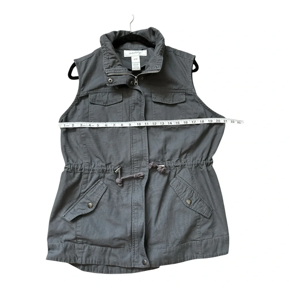 SEBBY BLUE GRAY UTILITY VEST DRAWSTRING WAIST ZIP UP BUTTON POCKETS SIZE XL - Picture 5 of 5